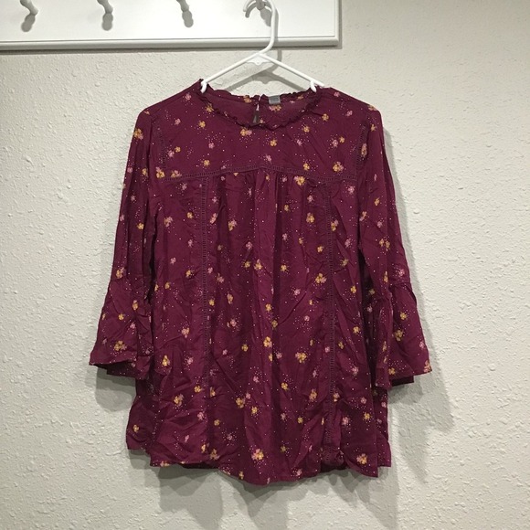 Old Navy Tops - Old Navy Floral Boho Peasant Blouse L Ruffle Neck Bell Sleeves Ladder Lace Top